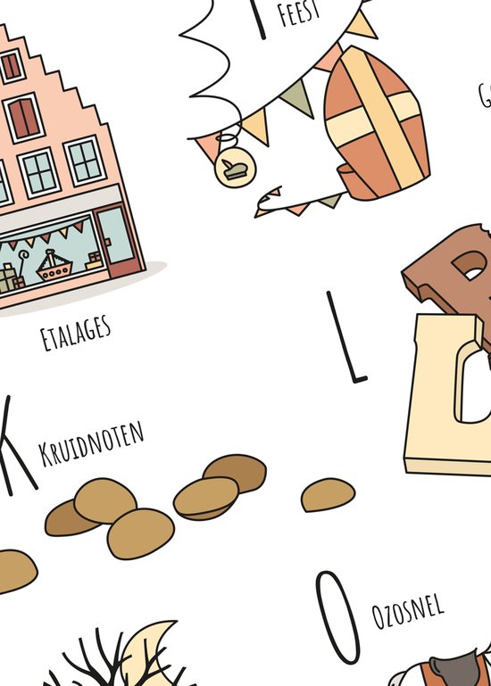 Detail van de Sinterklaas ABC poster met een huis, vlaggetjes en pepernoten.