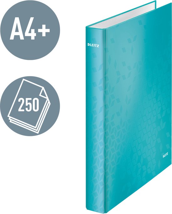 Turquoise Leitz ringband, A4+ formaat, met subtiel patroon en capaciteit voor 250 vellen.