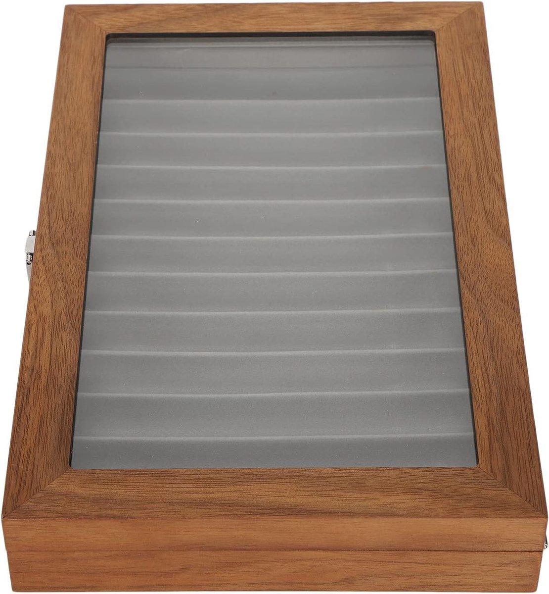 Penhouderbox voor pennen, verzamelbox, pennenhouderbox met 3 niveaus, vitrine, veerhouder, display, organizer, box met glazen venster voor 34 vulpennen, notenhout
