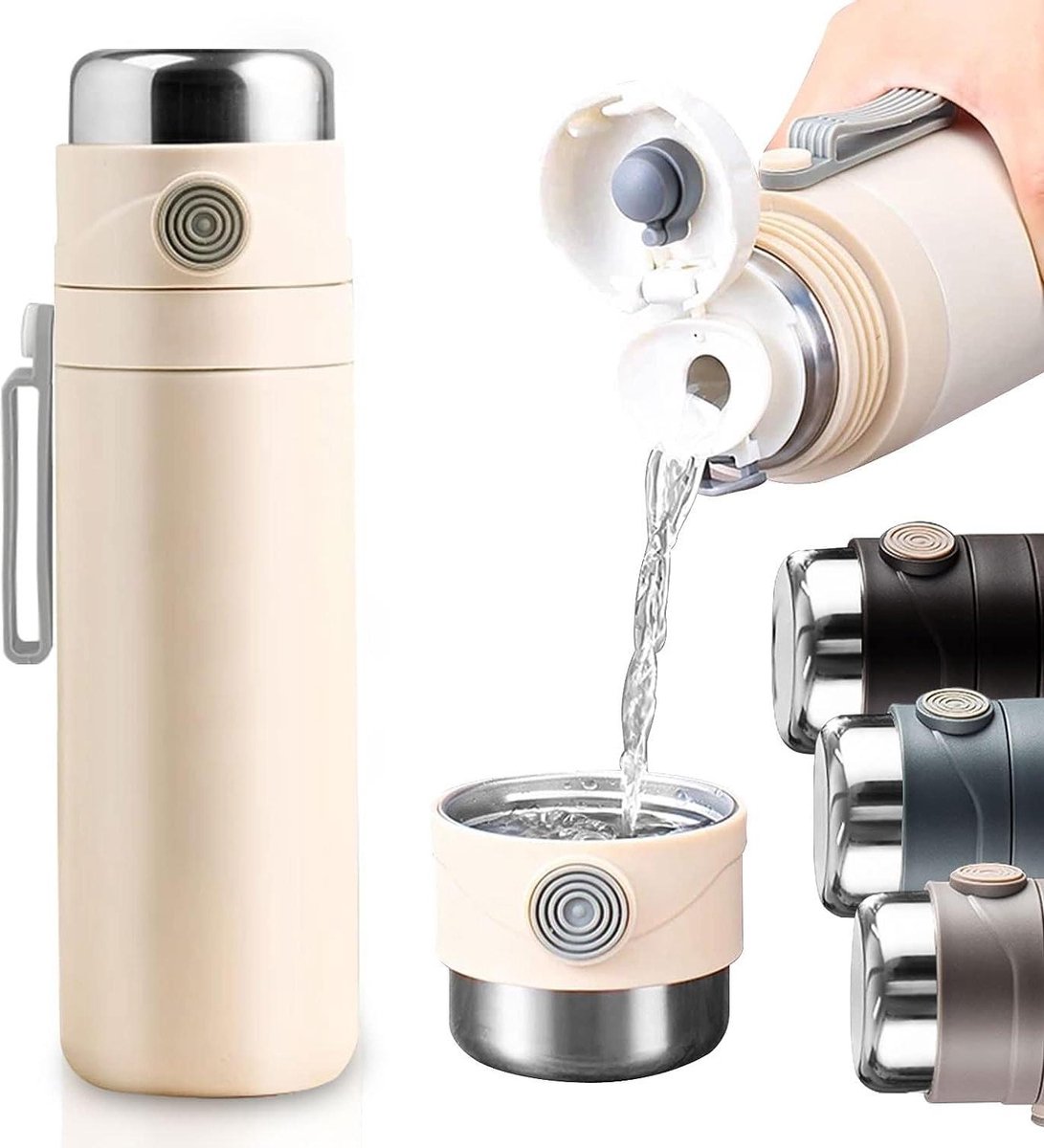Roestvrijstalen thermoskan met beker en zeef - 500 ml lekvrij drinkfles - roze-wit
