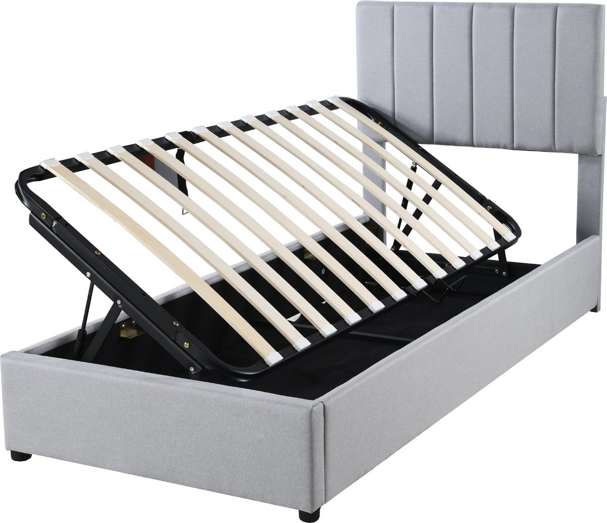 Merax Kinderbed met Hydraulische Opbergruimte - 90x200 cm - Grijs Fluweel - Met Lattenbodem en Verstelbaar Hoofdeinde