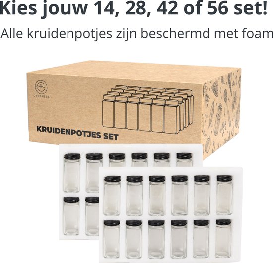 Kartonnen verpakking voor een set van 28 kruidenpotjes, met afbeeldingen van kruiden en potjes. Twee lagen lege potjes in witte trays.