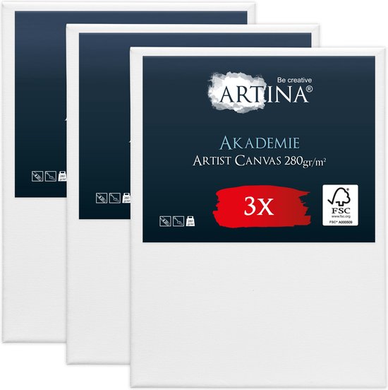 Drie witte ARTINA AKADEMIE Artist Canvas 280gr/m² schilderdoeken op spieraam. FSC® hout.