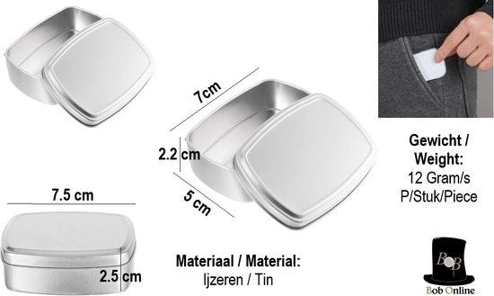 Bob Online™ - 4 Stuks - Zilverkleurig - Mini Blikjes - Mini Bewaarblikjes - Bewaarblikjes - Afmetingen (L) 7,5 cm x (B) 7,2 cm x (H) 2,5 cm - Gewicht 12 Gram Per Blikje - Bewaarcontainers - 4 Pieces - Silver Color - Mini Storage Tins - Storage Tins van Merkloos — afbeelding 2