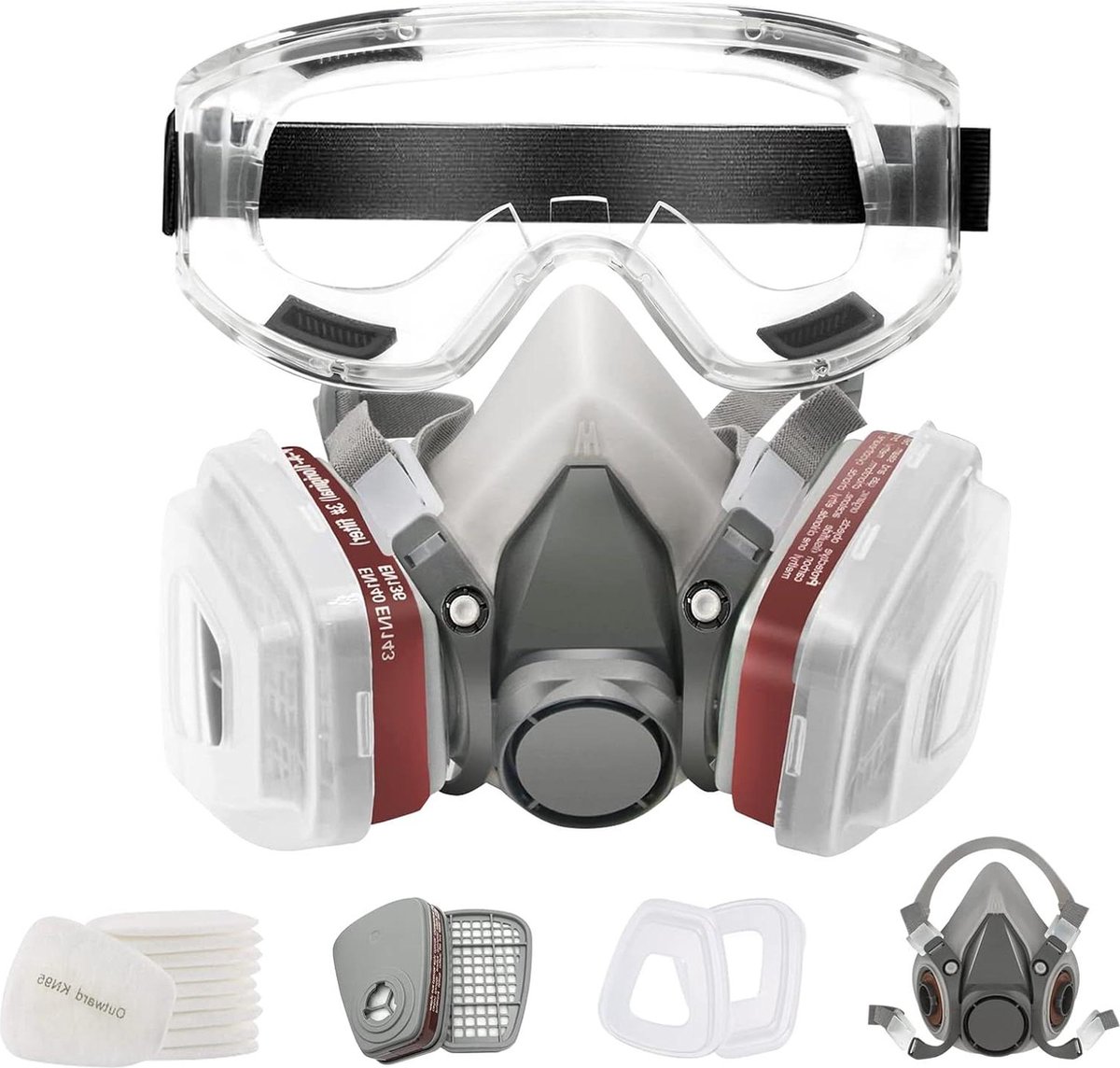 Adembeschermingsmasker - universeel gezichtsmasker met vervangingsfilter en veiligheidsbril voor lakken en slijpwerk