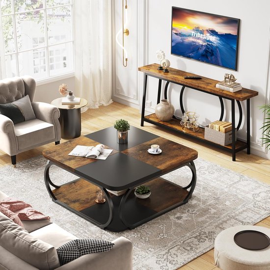 Tribesigns Table basse - Table basse Carrée - Table d'appoint de salon - 100 x100 x 50 cm - Vintage Marron / Zwart - Table basse