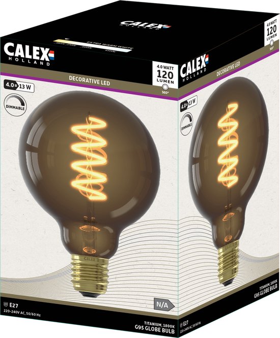 Verpakking met twee Calex Globe LED lampen, met E27 fitting, 4.6W.