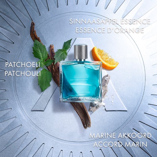 Azzaro Chrome Legend parfumfles omringd door sinaasappelschijfjes, bladeren, hout en tekst: Patchouli, Sinaasappel Essence, Marine Akkoord.