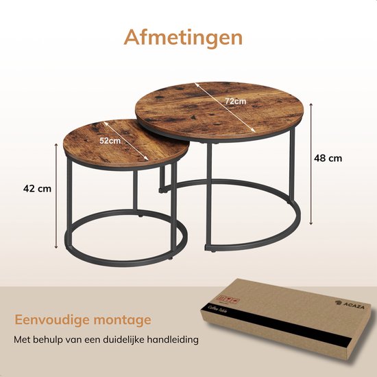 Acaza Table Basse - Table Basse Ronde - Set de 2 Tables basses - 72 Ø cm - Table Basse Industrielle - Marron Vintage