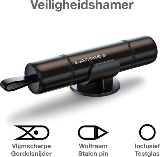 Foto: Auto veiligheidshamer 2 in 1 safety hamer gordelsnijder compact noodhamer sleutelhanger inclusief testglas zelfklevende houder veilig onderweg zwart