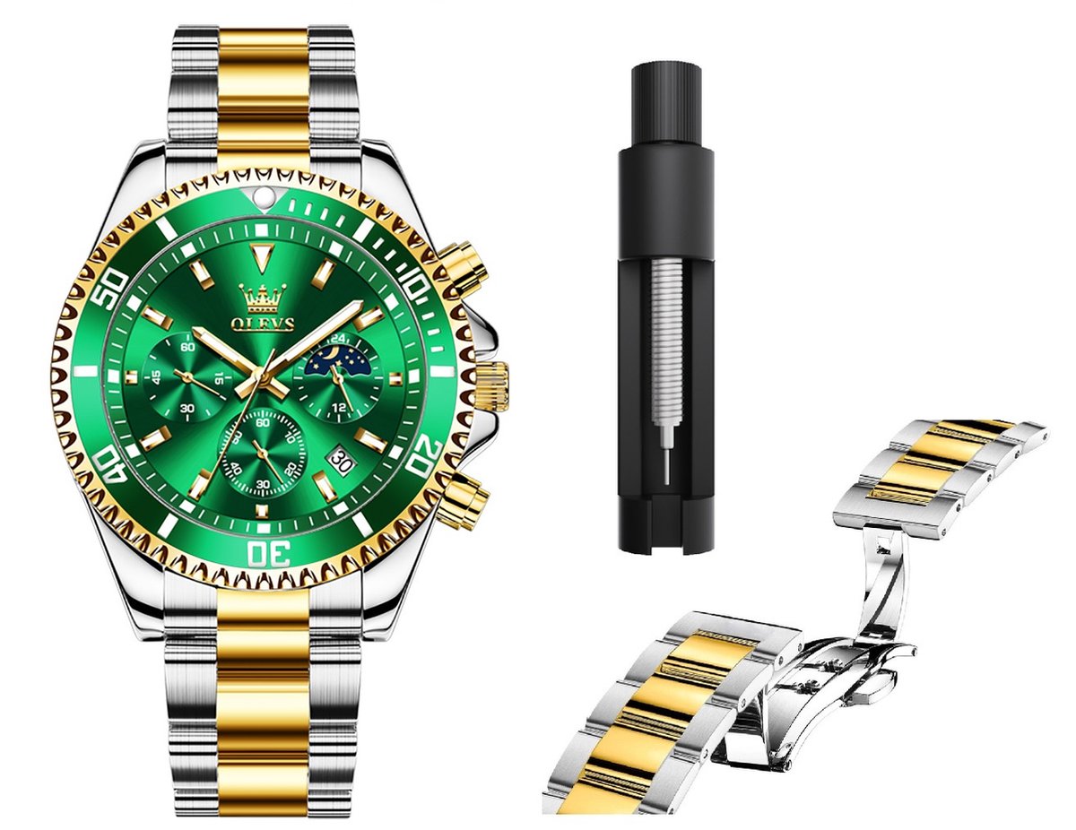 GWS OLEVS Herenhorloge Quartz - RVS Horloge voor mannen - Groen Zilvergoud