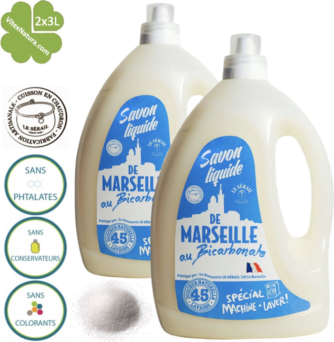 Goedkoopste Marseillezeep | vloeibaar wasmiddel met natriumbicarbonaat 2x3L | de authentieke geur van schoon linnen | merk Le Serail