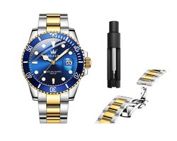 OLEVS Herenhorloge – RVS – Vlindersluiting – Premium Editie – Blauw/Zilvergoud – Luxe Horloge voor Mannen