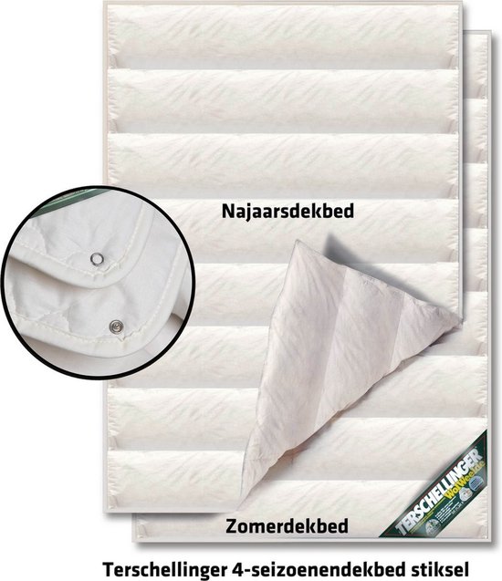 Twee opgevouwen crèmekleurige dekbedden, een zomerdekbed en een najaarsdekbed, gestikt met horizontale banen. Een detail toont drukknopen.