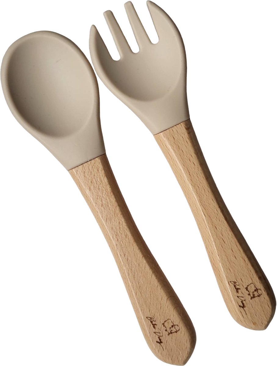 Goedkoopste Baba Ding Siliconen Houten Bestek - babybestek - Oefenbestek - Buigzaam - Flexibel - Vork en lepel - kinderbestek - Beige