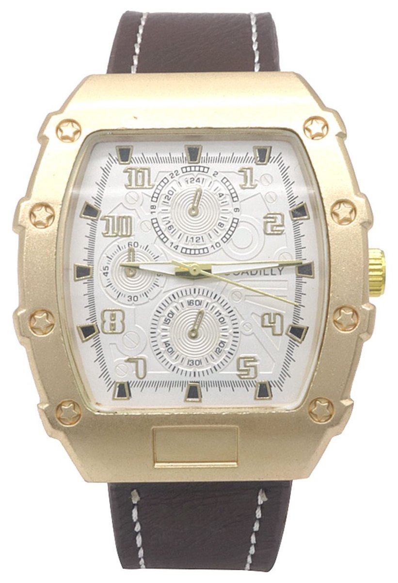 Horloge - klok - tijd - sieraad - accessoire - kunstleer - rechthoekig - tijd - pols - bruin - goudkleurig - hip - trendy - chique - cadeau -geschenk - feest - heren - mannen