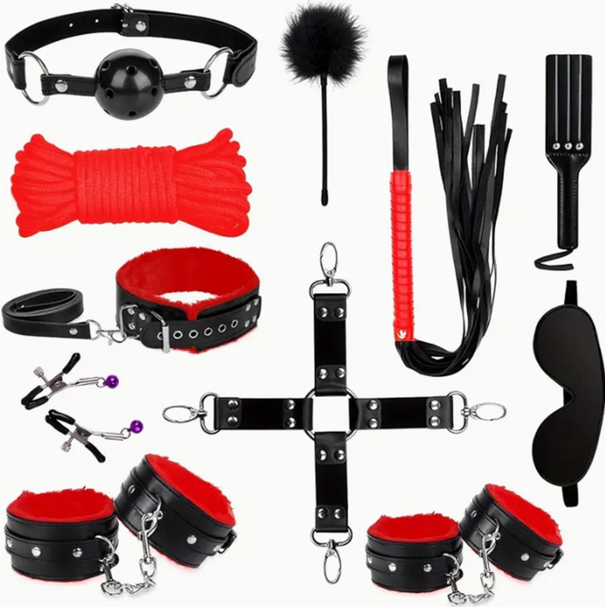 11 stuks BDSM Bondage Volwassen Speel Bondage Gag Blinddoek Spanking Paddle Veilig Bed BDSM Kit Boeien Nipple Clamps Whip Ball Gag Rope Role Play Sex Toy Voor Vrouwen Paar (Zwart)