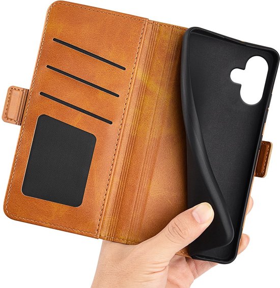 Étui portefeuille en cuir PU pour iPhone 16 Plus -- Fermeture magnétique - Housse de Luxe - Couvrant l'écran - Porte-cartes - Espèces - Espèces - Cartes marron clair
