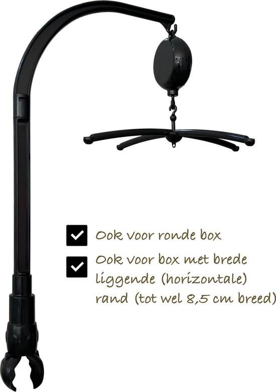 Muziekmobiel houder zwart - Boxmobiel standaard - Mobiel voor baby park - met MUZIEKDOOSJE met 10 MELODIEËN - ook voor ronde box en box met horizontale rand
