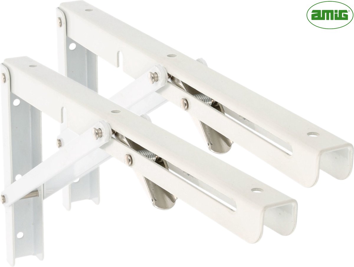 AMIG Inklapbare Plankdrager Metaal – 2 stuks – 405x215mm – 35kg – Wit - Opvouwbare Wandsteun Schapdrager