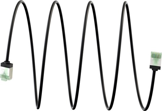 Câble réseau noir en forme ondulée, avec un connecteur à chaque extrémité.