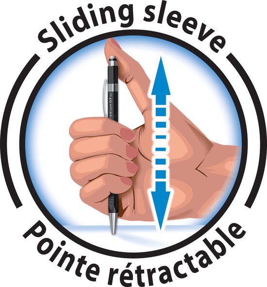 Illustratie van een hand die de intrekbare punt van een BIC Criterium vulpotlood bedient.