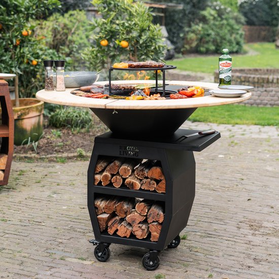 RJRoyal Living Plancha grill BBQ Companero XXL Blackline zwart 2.0 grillring met houten omranding hoes en houtopslag vuurschaal buitenkeuken grillring