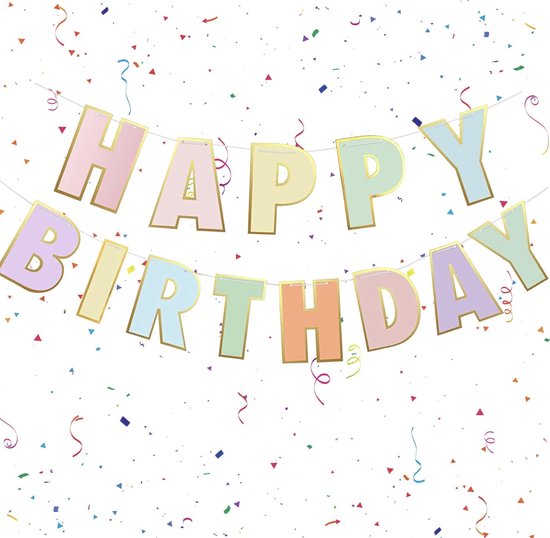 Texte 'HAPPY BIRTHDAY' en lettres macaron pastel, bordure dorée, sur cordon blanc, avec confettis.