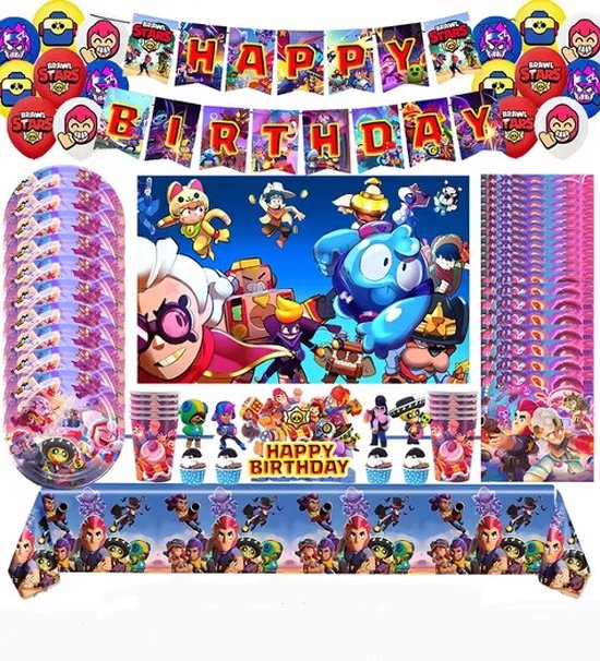 Foto: Brawl stars xl brawl stars feestartikel verjaardag verjaardags decoratie uitgebreide set versiering ballonnen traktatie borden bekers slingers brawl stars kado jarig verjaardagsfeestje kinderfeestje feest