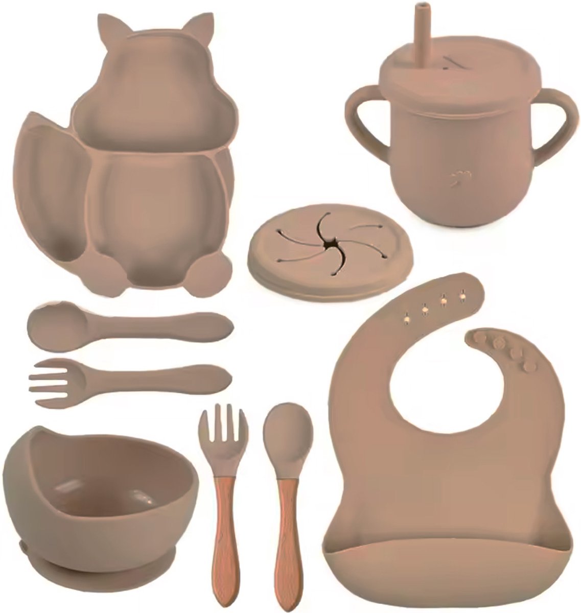 Goedkoopste Honeybears – Siliconen kinderservies set 9 delig – Kinderbord zuignap - Kraamcadeau – Siliconen eetset – Baby drinkbeker - BPA vrij – Beige