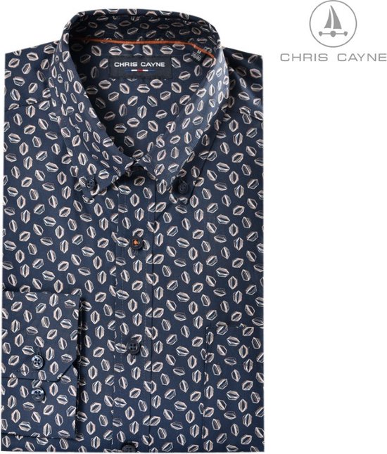 Donkerblauw overhemd met lange mouwen, een all-over print van bruine en offwhite ovaaltjes, een knoopsluiting en borstzak.