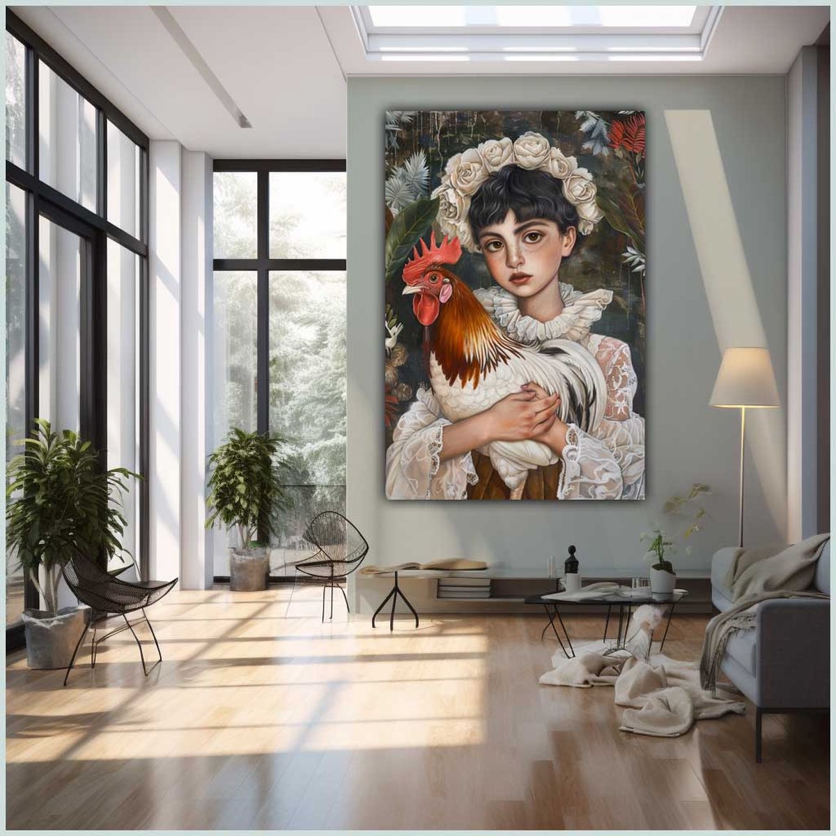 Canvas schilderij - Canvas - Staand - 50 x 70 cm - Portret - Kind - Dier - Haan - Kunst - Stijl Frida Kahlo - Mexicaans - Wanddecoratie - Muurdecoratie woonkamer - Uniek - Exclusief -Picturetopicture
