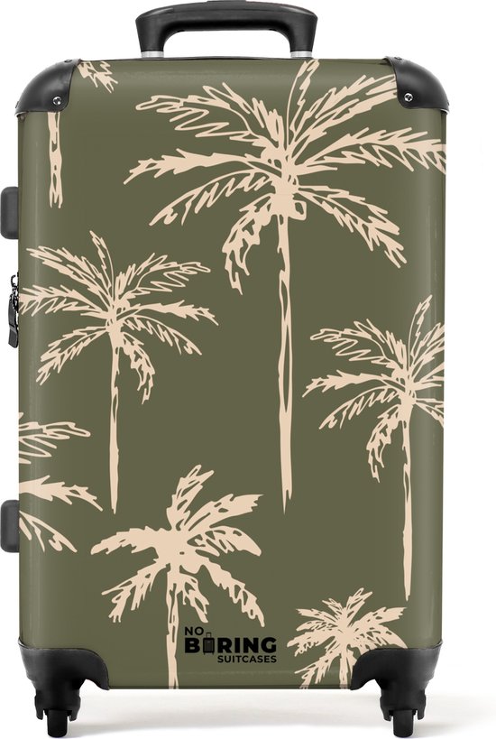 NoBoringSuitcases.com® - Koffer groot - Rolkoffer lichtgewicht - Groen met beige palmbomen print - Reiskoffer met 4 wielen - Valies grote trolley XL op wieltjes - Harde reistrolley met TSA slot - 20 kg bagage - Reizen