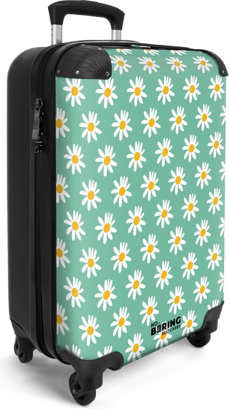 NoBoringSuitcases.com® - Handbagage reistrolley koffer lichtgewicht - Reiskoffer trolley - Groen met witte madeliefjes - Rolkoffer met wieltjes - Vakantie valies koffertje - Carryon - Past binnen 55x40x20 en 55x35x25
