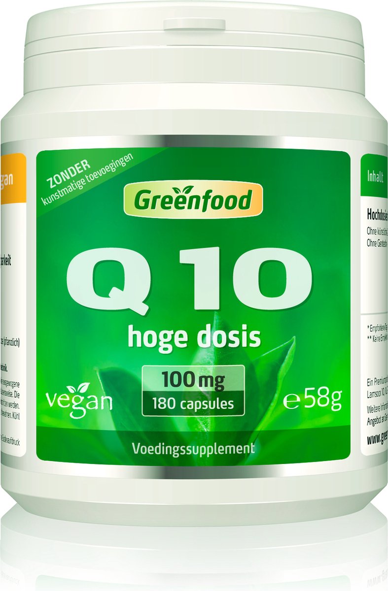 Goedkoopste Greenfood Co-enzym Q10, 100 mg pure Q10, zeer hoge dosis, 180 capsules - geproduceerd door natuurlijke fermentatie. Zonder kunstmatige toevoegingen, zonder genetische manipulatie. Veganistisch.
