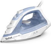 Tefal Virtuo 30 stoomstrijkijzer in wit en blauw met transparant reservoir en details.