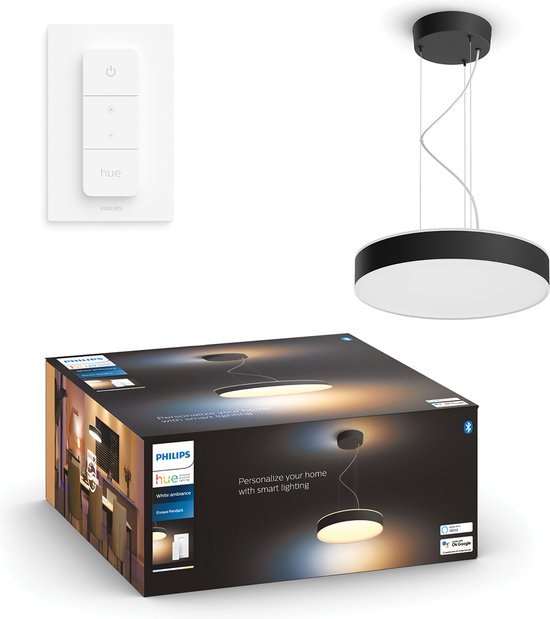 Philips Hue hanglamp, dimmer switch en verpakking met productafbeelding.