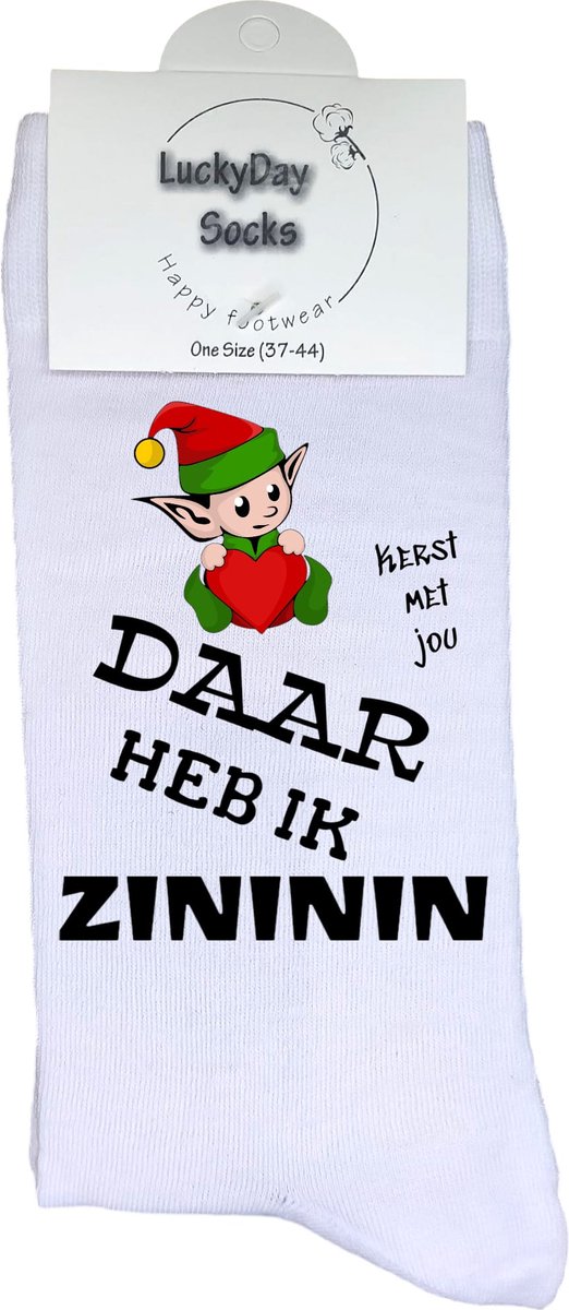 Zininin - Kerst - Kerstmis - Kerstcadeau - Elf - Witte sokken met tekst - grappige sokken - leuke dames en heren sokken - Sokken waar je vrolijk van wordt - Maat 37-44