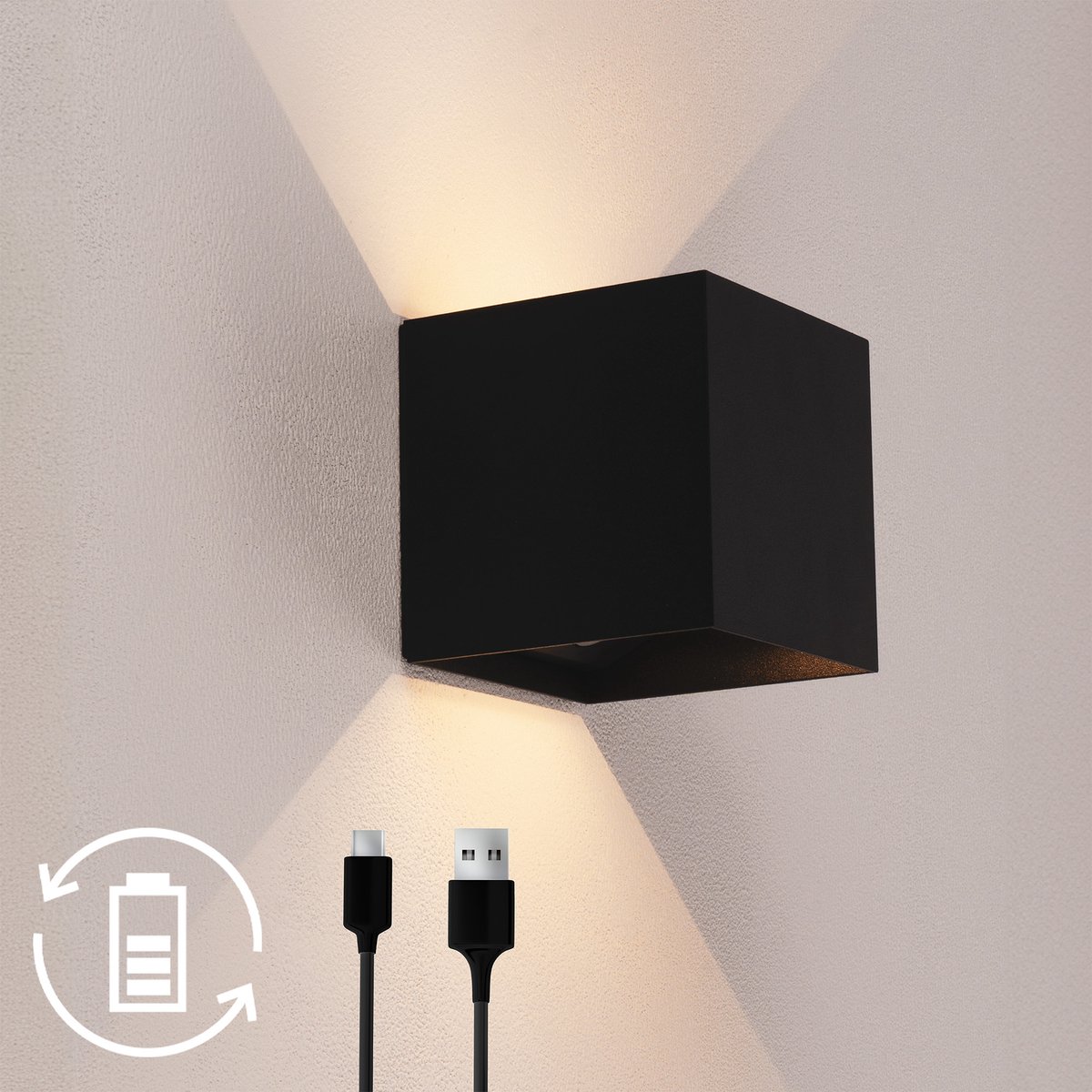 Ledvion - USB Oplaadbare Wandlamp met Sensor – 4400 mAh – Zwart – Draadloos – IP44 – Binnen & Buiten – Warm Wit Licht