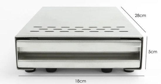 Een zilverkleurige uitklaplade van geborsteld staal met afmetingen 18 cm breed, 28 cm diep en 5 cm hoog.