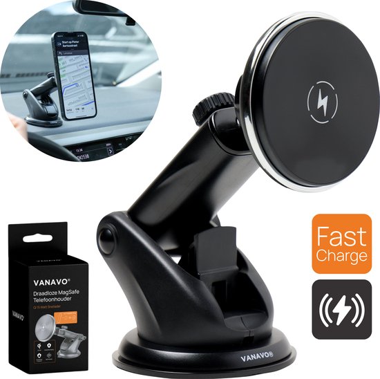 VANAVO® Telefoonhouders Auto - Telefoonhouder Auto Magnetisch - Telefoonhouder auto - Magsafe autohouder - Telefoonhouder auto zuignap - Gsm houder auto - Voorruit, Dashbord - Telefoonhouders Auto 15W QI Draadloze Oplader - Zwart