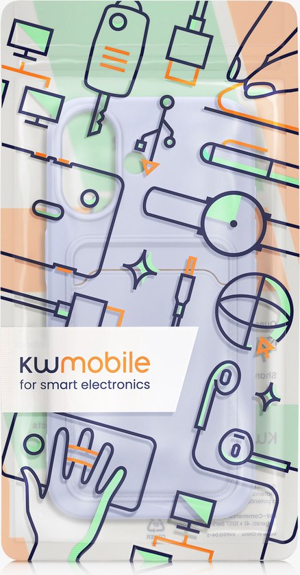 Emballage pour une coque de téléphone lavande, avec des dessins au trait d'accessoires pour téléphone.