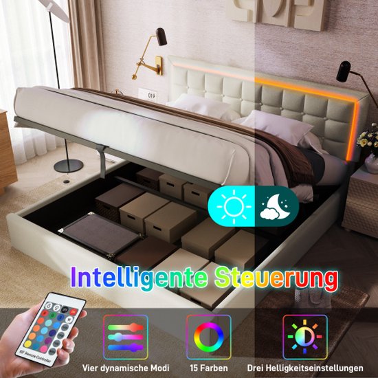Lit double avec sommier à lattes et espace de rangement - Lit capitonné avec bande lumineuse LED- lit fonctionnel avec télécommande - revêtement en cuir PU - blanc 160x200 cm