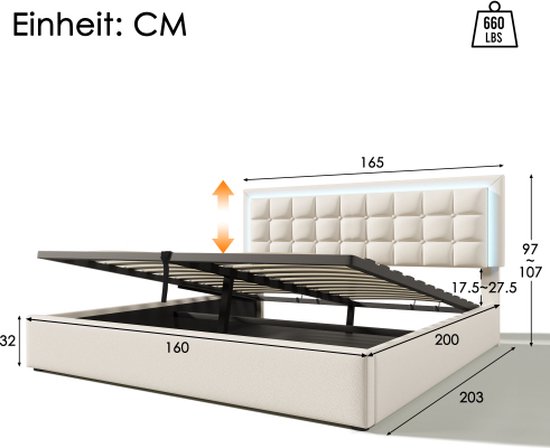 Lit double avec sommier à lattes et espace de rangement - Lit capitonné avec bande lumineuse LED- lit fonctionnel avec télécommande - revêtement en cuir PU - blanc 160x200 cm