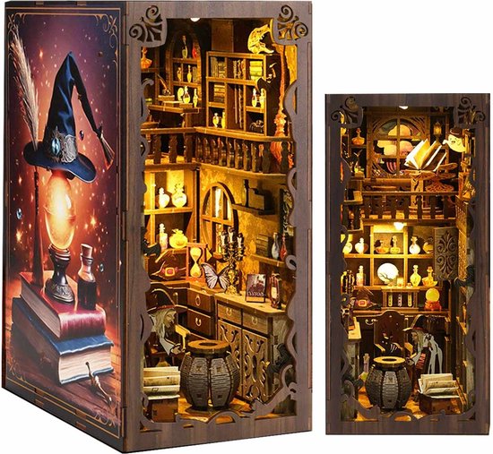 Foto: Meedeer diy book nook kit diy miniatuur poppenhuis kit magische nacht thema 3d houten puzzel boekensteunen booknook modelbouwset met meubels en led licht houten modellen om te bouwen voor volwassenen