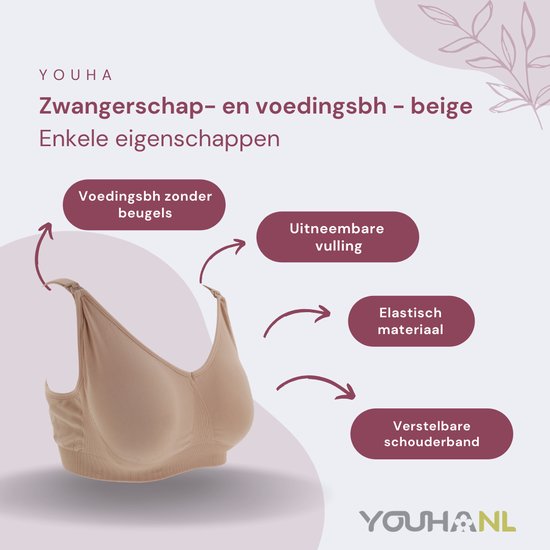 Beige zwangerschaps- en voedingsbh zonder beugels met uitneembare vulling en verstelbare schouderbanden, gemaakt van elastisch materiaal.