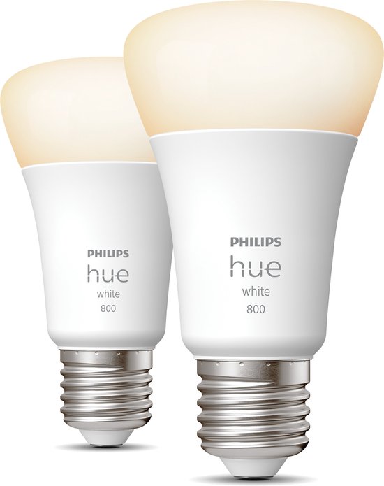 Philips Hue White A60 - Ampoule connectée E27 - 800 (lot de 2), Ampoule intelligente, Bluetooth/Zigbee, Blanc, LED intégrée, E27, Lumière blanche douce