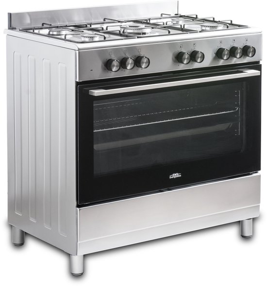 Roestvrijstalen gasfornuis met de ovendeur open, 5 gaspitten, 5 zwarte draaiknoppen en een glazen ovendeur.