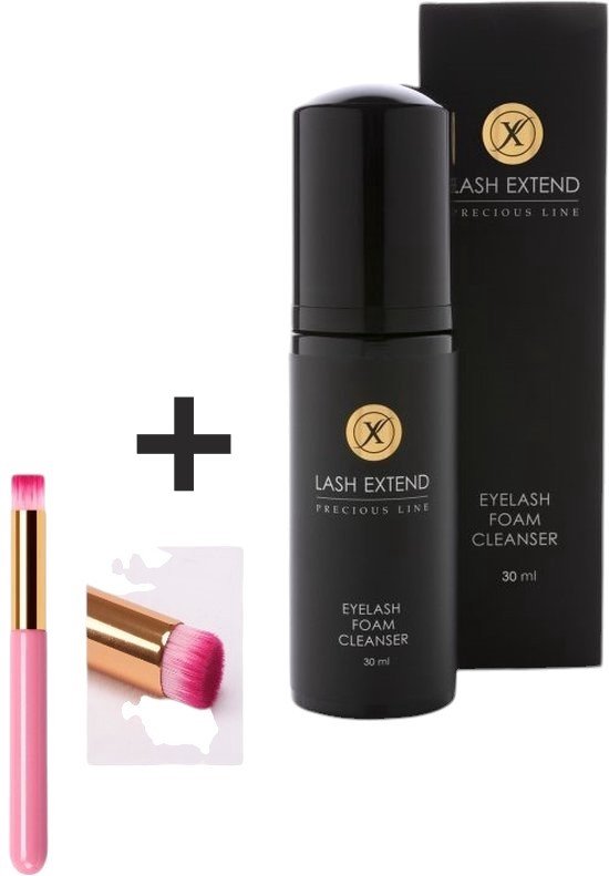 Zwarte fles Lash Extend Eyelash Foam Cleanser 30ml met doosje en roze/gouden gratis borstel.