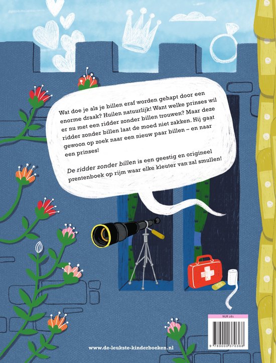 Een telescoop en een EHBO-doos op een vensterbank, met op de achtergrond een kasteelmuur en bloemen.